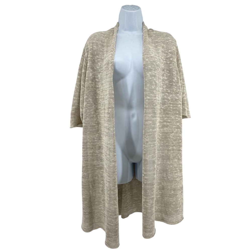Eileen Fisher Linen Blend Cardigan Women Large Beige Open Front Longline Sweater